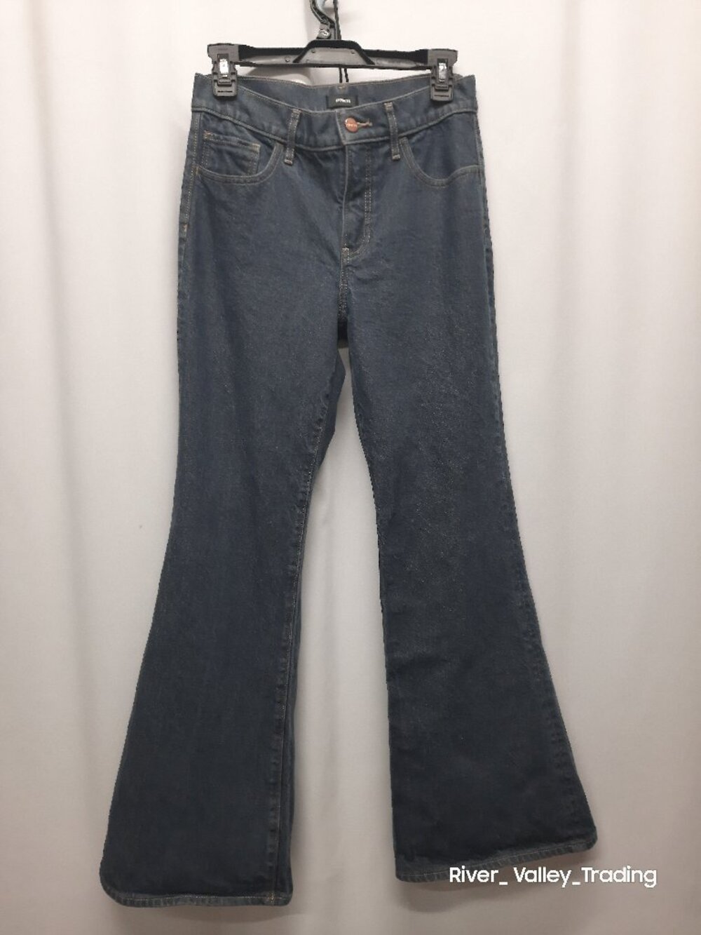 Express 70s Flare Jeans Womens 4 Short 4S Mid Rise Dark Wash Stretch Denim Blue
